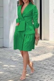 Orange Formal Turndown Collar Long Sleeve Pocket Lace Up Office Lady Party Evening Midi Dresses