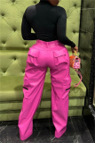 Pink Casual High Waist Pocket Zipper Straight Leg Cargo Pants