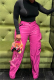 Pink Casual High Waist Pocket Zipper Straight Leg Cargo Pants