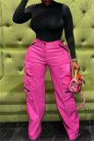 Pink Casual High Waist Pocket Zipper Straight Leg Cargo Pants
