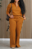 Brown Zipper Collar Long Sleeve Sweatshirt And Wide Leg Pants Sportwear Casual Two Pieces Trouser Sets
