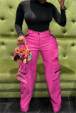Pink Casual High Waist Pocket Zipper Straight Leg Cargo Pants