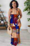 Green Map Geometric Print Sleeveless O Neck Hollow Out One Step Skirt Bodycon Maxi Dresses