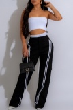 Black Sportwear Casual Stripe Print Pocket High Waist Wide Leg Sweatpants