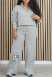 Brown Zipper Collar Long Sleeve Sweatshirt And Wide Leg Pants Sportwear Casual Two Pieces Trouser Sets