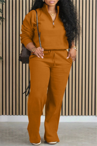 Brown Zipper Collar Long Sleeve Sweatshirt And Wide Leg Pants Sportwear Casual Two Pieces Trouser Sets