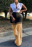 Khaki Casual Patchwork High Waist Straight Leg Denim Jeans