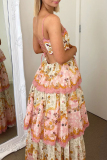 Casual Floral Print Strapless Sleeveless Ruffle Hem Cut Out Cake Skirt Birthday Patry Cami Maxi Dresses