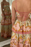 Casual Floral Print Strapless Sleeveless Ruffle Hem Cut Out Cake Skirt Birthday Patry Cami Maxi Dresses