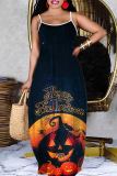 Dark Blue Halloween Costume Pumpkin Print Sleeveless Floor Length Casual Vacation Baggy Slip Maxi Dress