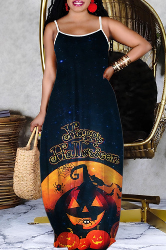 Dark Blue Halloween Costume Pumpkin Print Sleeveless Floor Length Casual Vacation Baggy Slip Maxi Dress