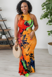 Green Map Geometric Print Sleeveless O Neck Hollow Out One Step Skirt Bodycon Maxi Dresses