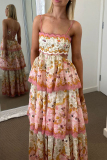 Casual Floral Print Strapless Sleeveless Ruffle Hem Cut Out Cake Skirt Birthday Patry Cami Maxi Dresses
