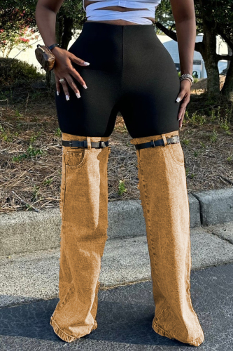 Khaki Casual Patchwork High Waist Straight Leg Denim Jeans