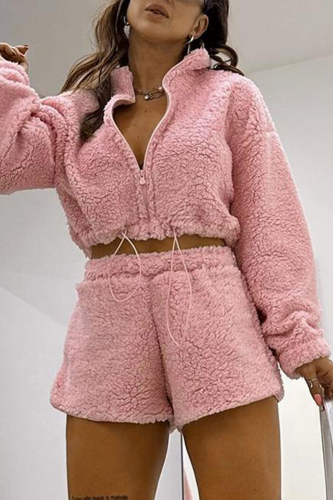 Pink Bubble Fleece Zipper Collar Long Sleeve Crop Jackets And Draw String Shorts Fleece-Lined Thickened Home Lounge Set