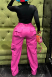 Pink Casual High Waist Pocket Zipper Straight Leg Cargo Pants