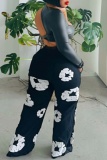 Black 3D Embossed Cotton Flower Print Embroidery High Waist Wide Leg Pants
