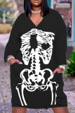 Black Halloween Costume Skull Print V Neck Long Sleeve Pockets Straight Loose Midi T Shirt Dress