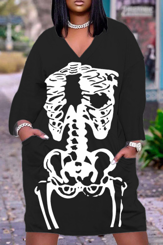 Black Halloween Costume Skull Print V Neck Long Sleeve Pockets Straight Loose Midi T Shirt Dress