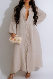 Apricot Casual Turndown Collar Long Sleeve Buckle Long Loose Vacation Maxi Shirt Dresses
