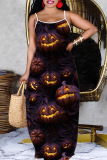 Dark Blue Halloween Costume Pumpkin Print Sleeveless Floor Length Casual Vacation Baggy Slip Maxi Dress