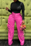 Pink Casual High Waist Pocket Zipper Straight Leg Cargo Pants