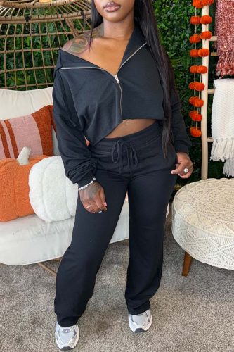 Black Sportwear Casual Zipper Collar Long Sleeve Pocket Lace Up Crop Jackets And Pants Two Pieces Sweatpants Sets
