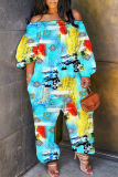 Sky Blue Casual Graphics Print Off Shoulder Long Sleeve Regular Vacation Harem Leg Jumpsuits