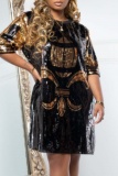 Black Sequins Party O Neck Half Sleeve Loose Vacation Mini T-Shirt Dresses