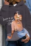 Light Coffee Figure Print Long Sleeve Loose Fall Winter Hooded Sweatshit