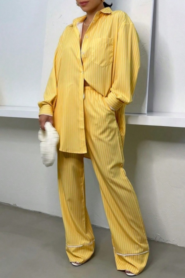 Yellow Striped Print Shirt Collar Long Sleeve Blouse And Pocket Wide Leg Pants Casual Office Lady Two Pieces Trouser Sets
