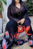 Red Chiffon Floral Print See-Through Long Sleeve Longline Tops And Straight Leg Pants Casual Vacation Two Pieces Pants Suit