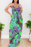 Dark Green Floral Print Backless Sleeveless Floor Length Casual Vacation Baggy Sundress Slip Maxi Dress