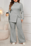Grey Casual Turtleneck Long Sleeve Slit Blouse And Flare Leg Pants Office Lady Plus Size Two Pieces Trouser Sets