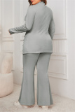 Grey Casual Turtleneck Long Sleeve Slit Blouse And Flare Leg Pants Office Lady Plus Size Two Pieces Trouser Sets