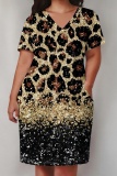 Gold Casual Graphics Print Basic V Neck Short Sleeve Loose Pockets Midi T-Shirt Dress
