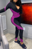Purple Casual Zipper Colla Long Sleeve Crop Jackets And Skinny Pants Plus Size Two Pieces Sweatsuit Sets