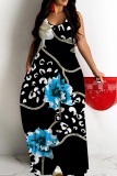 Dark Green Floral Print Backless Sleeveless Floor Length Casual Vacation Baggy Sundress Slip Maxi Dress