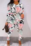 Purple Casual Graphics Print O Neck Long Sleeve Sweatshirt And Skinny Pants Two Pieces Trouser Sets