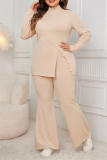 Grey Casual Turtleneck Long Sleeve Slit Blouse And Flare Leg Pants Office Lady Plus Size Two Pieces Trouser Sets