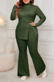 Grey Casual Turtleneck Long Sleeve Slit Blouse And Flare Leg Pants Office Lady Plus Size Two Pieces Trouser Sets