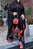 Red Chiffon Floral Print See-Through Long Sleeve Longline Tops And Straight Leg Pants Casual Vacation Two Pieces Pants Suit