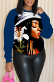 Dark Blue Casual Figure Print O Neck Long Sleeve Fall Winter Sweatshirt