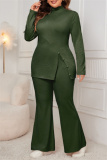 Grey Casual Turtleneck Long Sleeve Slit Blouse And Flare Leg Pants Office Lady Plus Size Two Pieces Trouser Sets