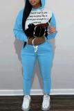 Blue Figure Print Long Sleeve Hooded Sweatshirt And Draw String Pocket Skinny Pants Casual Sportwear Two Pieces Trouser Sets