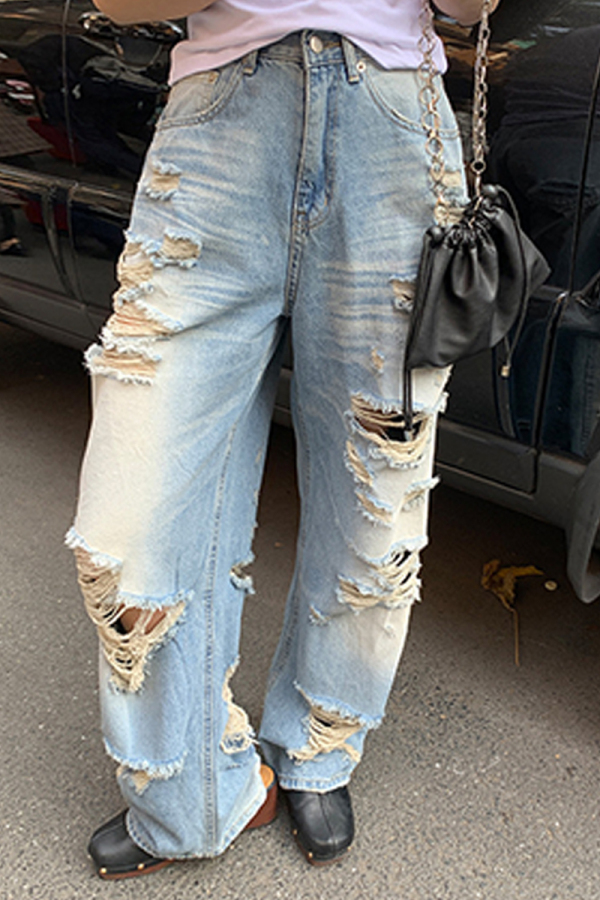 Light Blue Casual Mid Waist Distressed Wide Leg Ripped Denim Jeans