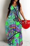 Dark Green Floral Print Backless Sleeveless Floor Length Casual Vacation Baggy Sundress Slip Maxi Dress