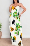 Dark Green Floral Print Backless Sleeveless Floor Length Casual Vacation Baggy Sundress Slip Maxi Dress
