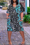 Gold Casual Graphics Print Basic V Neck Short Sleeve Loose Pockets Midi T-Shirt Dress