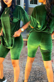 Green O Neck Short Sleeve Oversize T Shirt And Skinny Shorts Casual Two Piece Velvet Shorts Sets